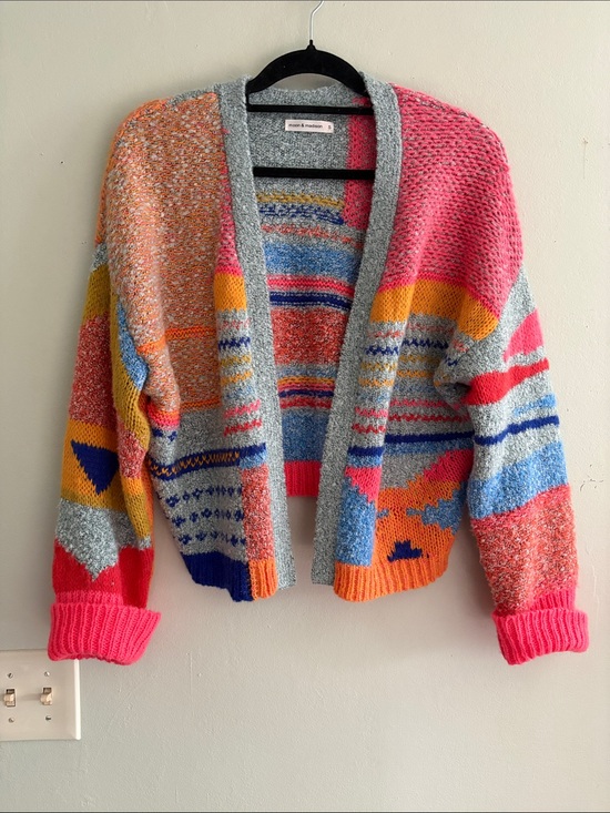 moon & madison Sweaters - Multicolor Patchwork Open-Front Cardigan — Pink, Gray, Blue & Orange